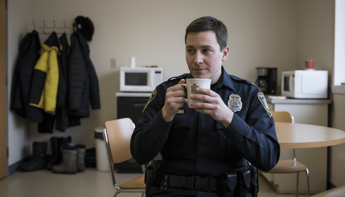 A tired police officer sips coffee before a shift.