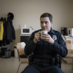 A tired police officer sips coffee before a shift.